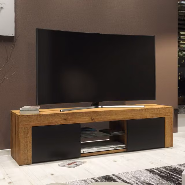 Creative Furniture Loom Modern TV Unit in Oak with Black Matt Doors, W: 130 cm, D: 35 cm, H: 35 cm – 1