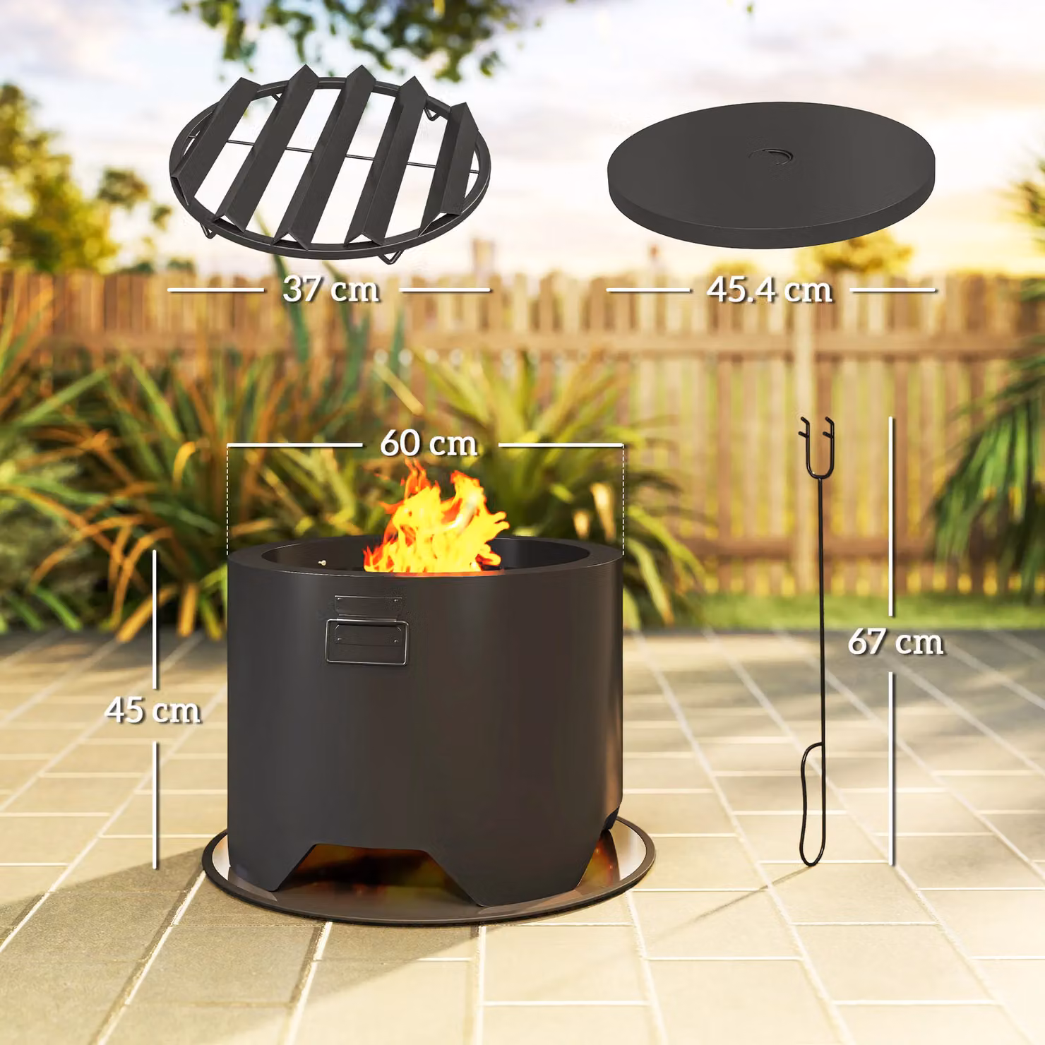 OUTSUNNY Black Round Outdoor Fire Pit with Lid and Fire Poker – 3