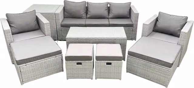 Fimous 9 Seater Outdoor Rattan Garden Furniture Set with Grey Cushions and Coffee Table in Light Grey – 1