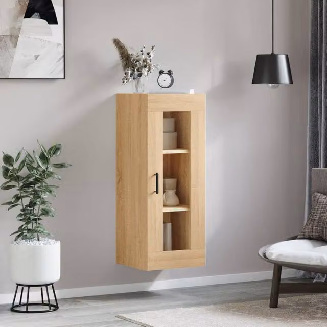 Berkfield Home Wall Mounted Sonoma Oak Cabinet with Glass Doors in Light Brown, W/D/H: 34.5 x 34 x 90 cm