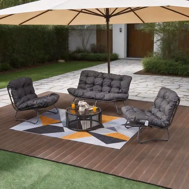 Furniture One 4 Seater Outdoor Conversation Set with Tempered Glass Coffee Table in Grey
