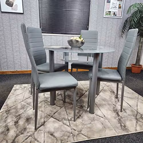 Kosy Koala Modern Round Glass Dining Table and 4 Grey Faux Leather Chairs Set, W/D/H: 90 x 90 x 75 cm – 2