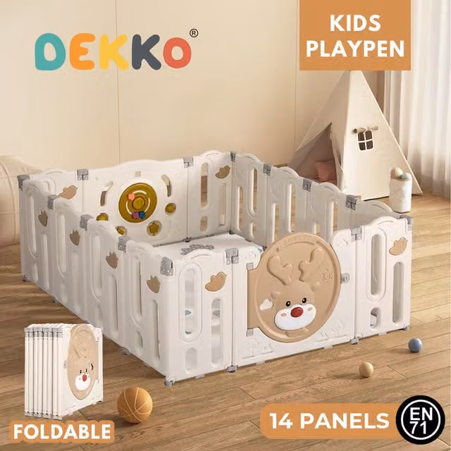 Dekko Foldable Rectangular Baby Playpen in White and Brown, W/D/H: 152 x 152 x 63 cm