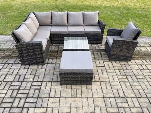 Fimous 8 Seater Rattan Garden Furniture Set with Corner Sofa, Armchair, Footstool and Square Coffee Table in Dark Grey