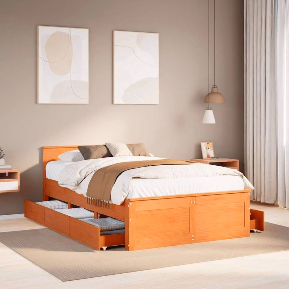 Berkfield Home Solid Pine Bed Frame with Headboard in Wax Brown, W: 135 cm, L: 190 cm – 2
