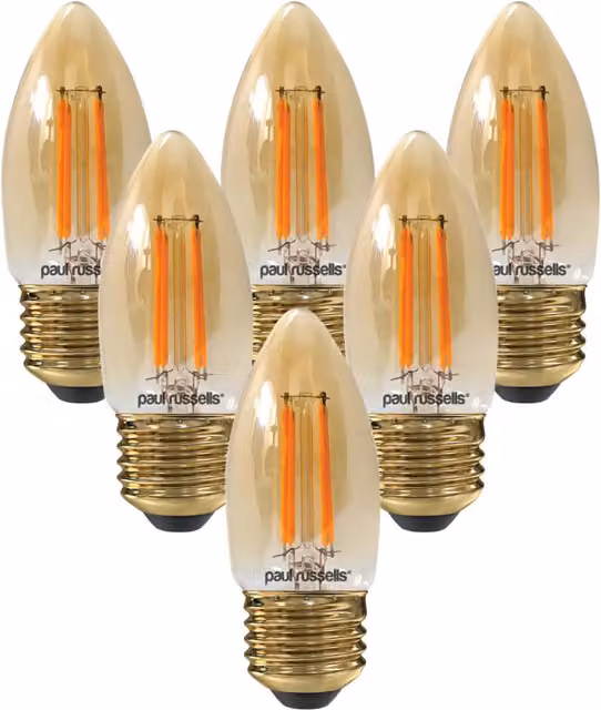Paul Russells 4.5W LED Filament Candle Bulb, E27, 423lm, Dimmable, 2200K Warm White, Pack of 6