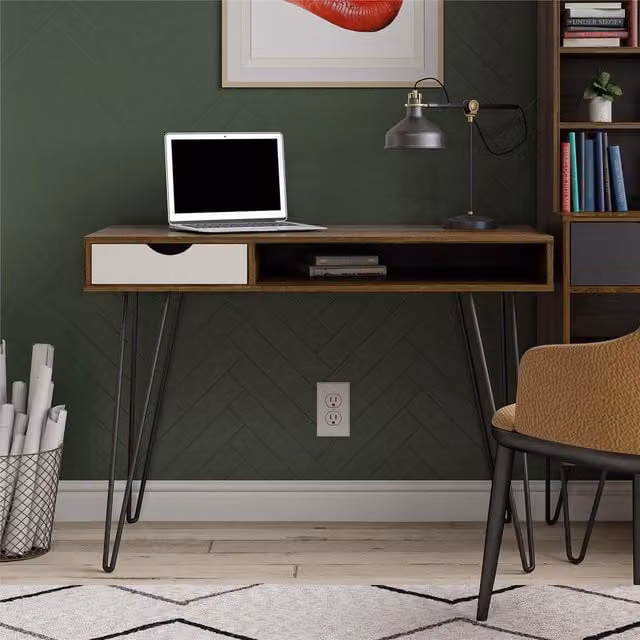 Novogratz Concord Mid-Century Computer Desk with Storage in Brown Oak and Grey