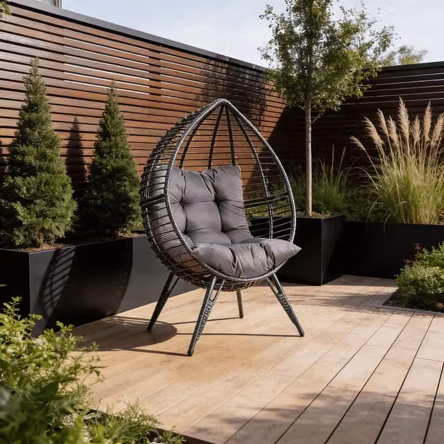 Home Source Eden Rattan Egg Chair in Dark Grey with Armrests and Stand