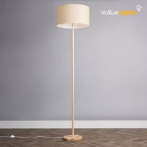 ValueLights Scandinavian Wood Floor Lamp with Grey Fabric Cylinder Shade – 3
