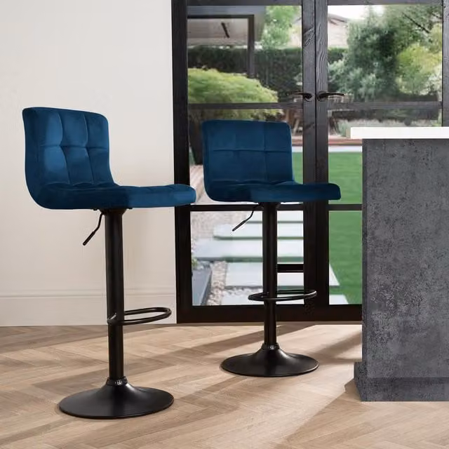 OHS Set of 2 Adjustable Velvet Swivel Bar Stools in Dark Navy Blue – 1