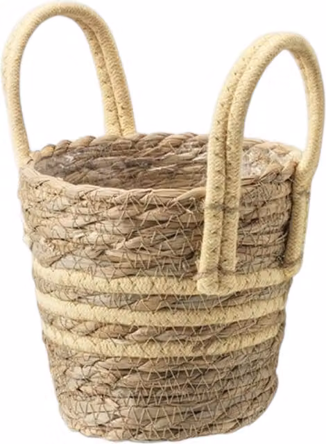 Kingsbury Gifts Striped Boho Woven Rattan Tabletop Planter Basket in Yellow and Beige, Diameter: 13 cm