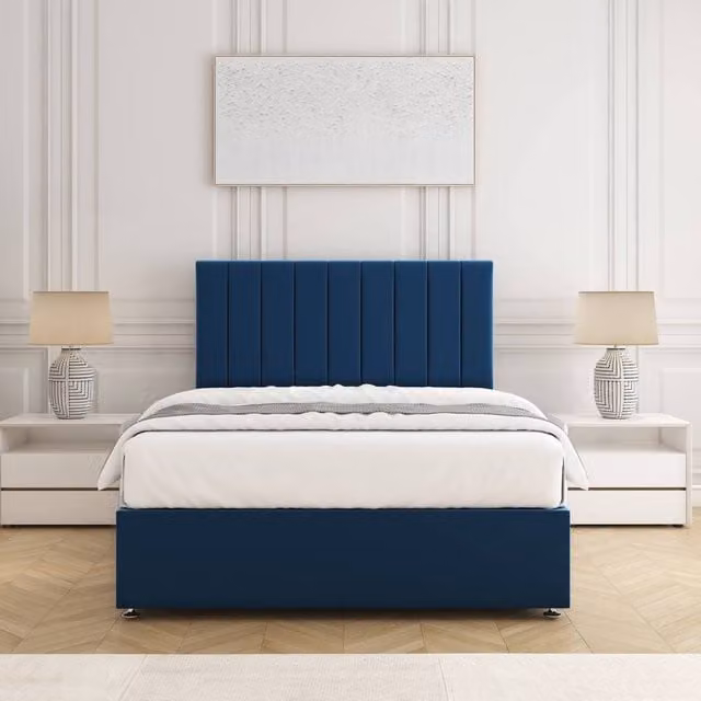BSSPOKE Aria Divan Bed Set with 24 inch Plush Velvet Headboard and Mattress in Blue, Small Double, W/D/H: 120 x 200 cm
