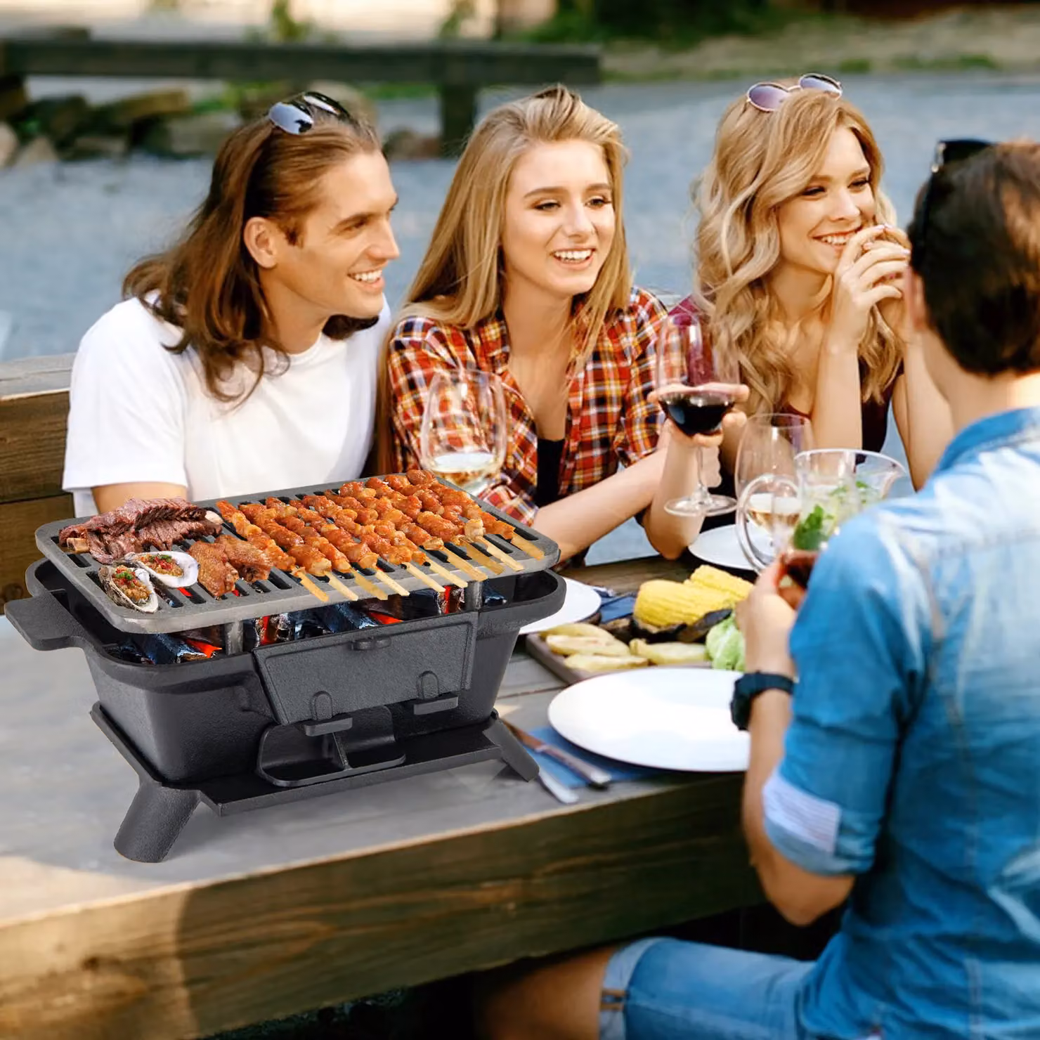 Gymax Portable Cast Iron Charcoal Hibachi Tabletop Grill, Black, W/D/H: 40 x 27 x 18 cm – 3