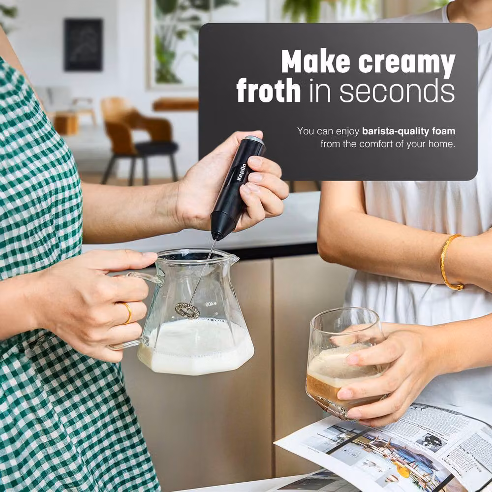 Keplin Battery Operated Handheld Milk Frother with Stand, Stainless Steel Electric Whisk in Black – 5