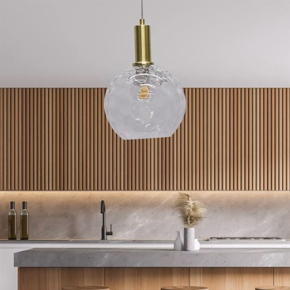 First Choice Lighting Barnum Art Deco Pendant Fitting with Transparent Dimple Glass Sphere and Satin Brass Finish – 2