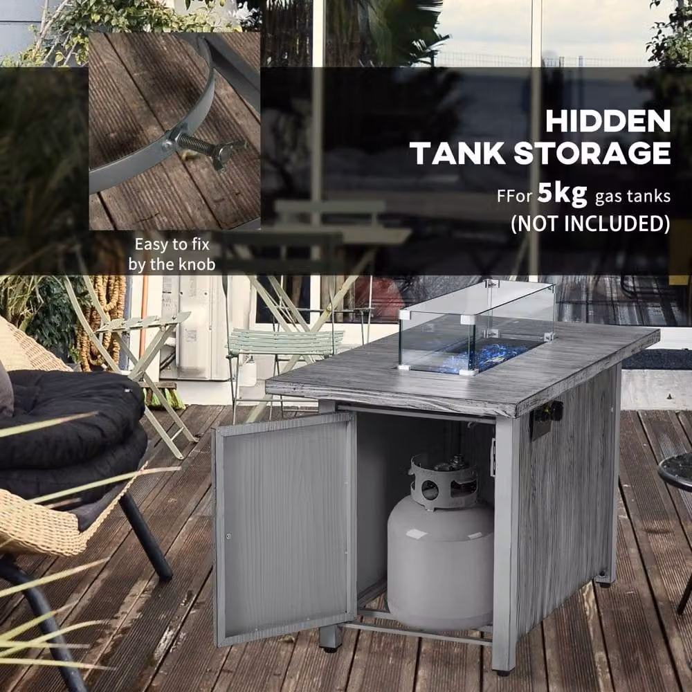 Wyld Haus Grey Wood Effect Steel Gas Fire Pit Table with Glass Screen and Cover W/D/H: 109 x 56 x 63 cm – 5