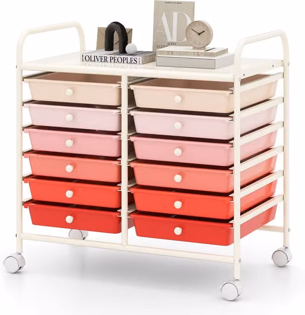 Gymax 12-Drawer Multi-Purpose Utility Rolling Storage Cart with Handles in Pink – 1