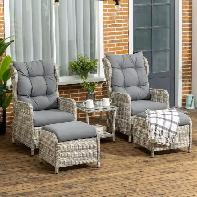 Outsunny Grey Rattan Sun Lounger with Adjustable Headrest and Weatherproof Cushion