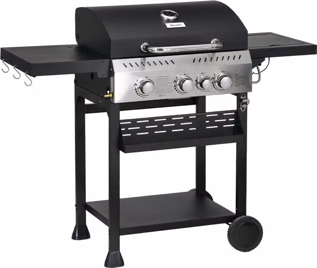 Outsunny Galvanised Steel 3+1 Gas Burner BBQ Grill Trolley with Side Burner and Warming Rack, Black – 1