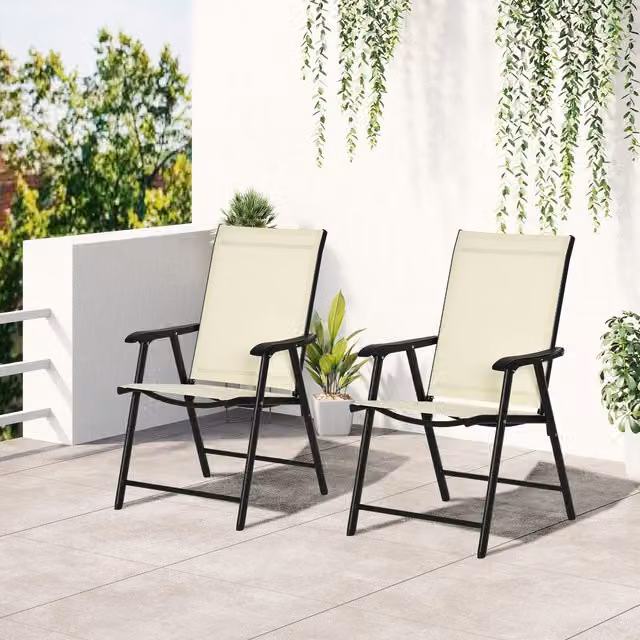 Outsunny Set of 2 Folding Chairs with Metal Frame and Mesh Seats in Beige