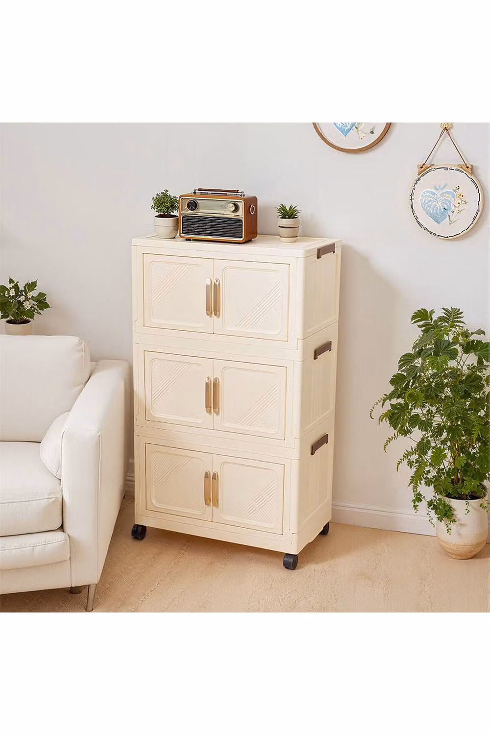 Living and Home Foldable 3-Tier Rolling Plastic Storage Cabinet with Magnetic Doors in Beige – 2