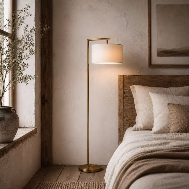 Wyld Haus Kesu Rolo Modern Floor Lamp in Gold and White with Linen Shade, Height: 153 cm – 1