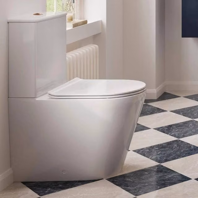 PAWNORA Freya Round Close Coupled Rimless Toilet in White with Soft Close Seat