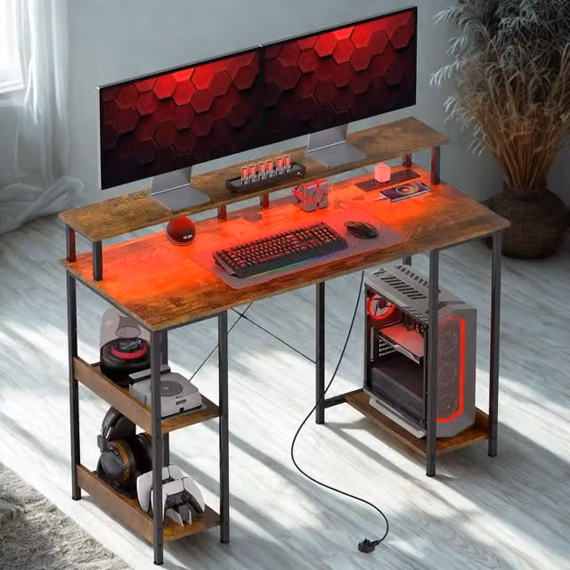 Furnold Industrial Computer Desk with USB Outlets, LED Lights and Storage Shelves in Brown, W: 120 cm