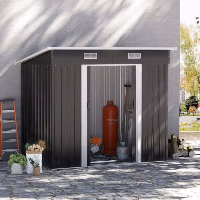 Outsunny Steel Pent Outdoor Garden Storage Shed with Window and Sliding Doors, Black/Anthracite, W/D/H: 213.36 x 122 x 122 cm