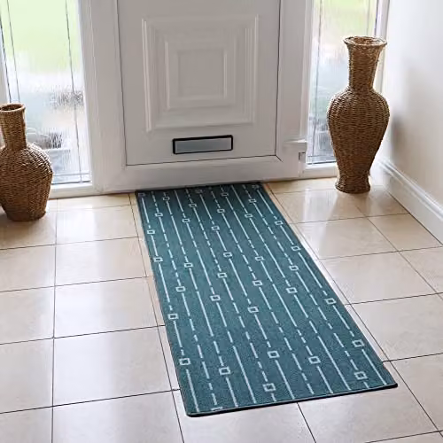 JVL Savio Geometric Machine Washable Non-Slip Runner Mat, Petrol and Grey, W: 57 cm, L: 150 cm – 2