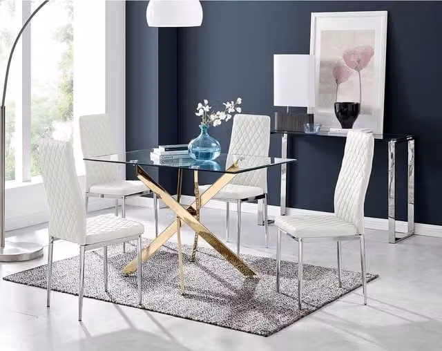 FurnitureboxUK Leonardo Gold Dining Set with Rectangular Glass Table and Four Milan Chairs in White