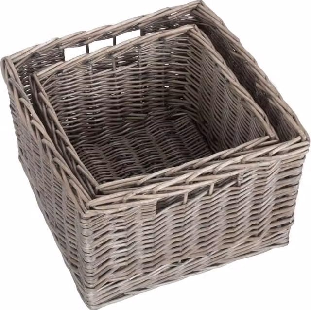 Red Hamper Set of 2 Square Antique Wash Unlined Wicker Storage Baskets in Brown and Grey, 34 cm