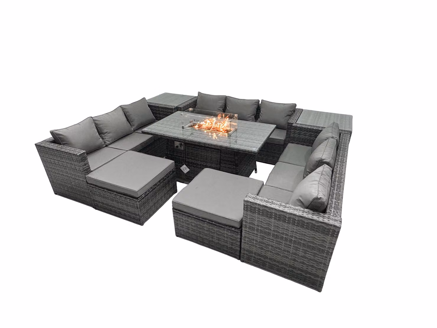 Fimous 10 Seater Rattan Garden Furniture Firepit Dining Set with Glass Top Dining Table and 2 Side Tables in Dark Grey – 2