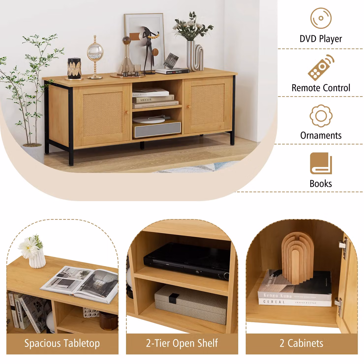 Gymax Boho PE Rattan Media Console Table for TVs up to 55 inch, Beige – 4