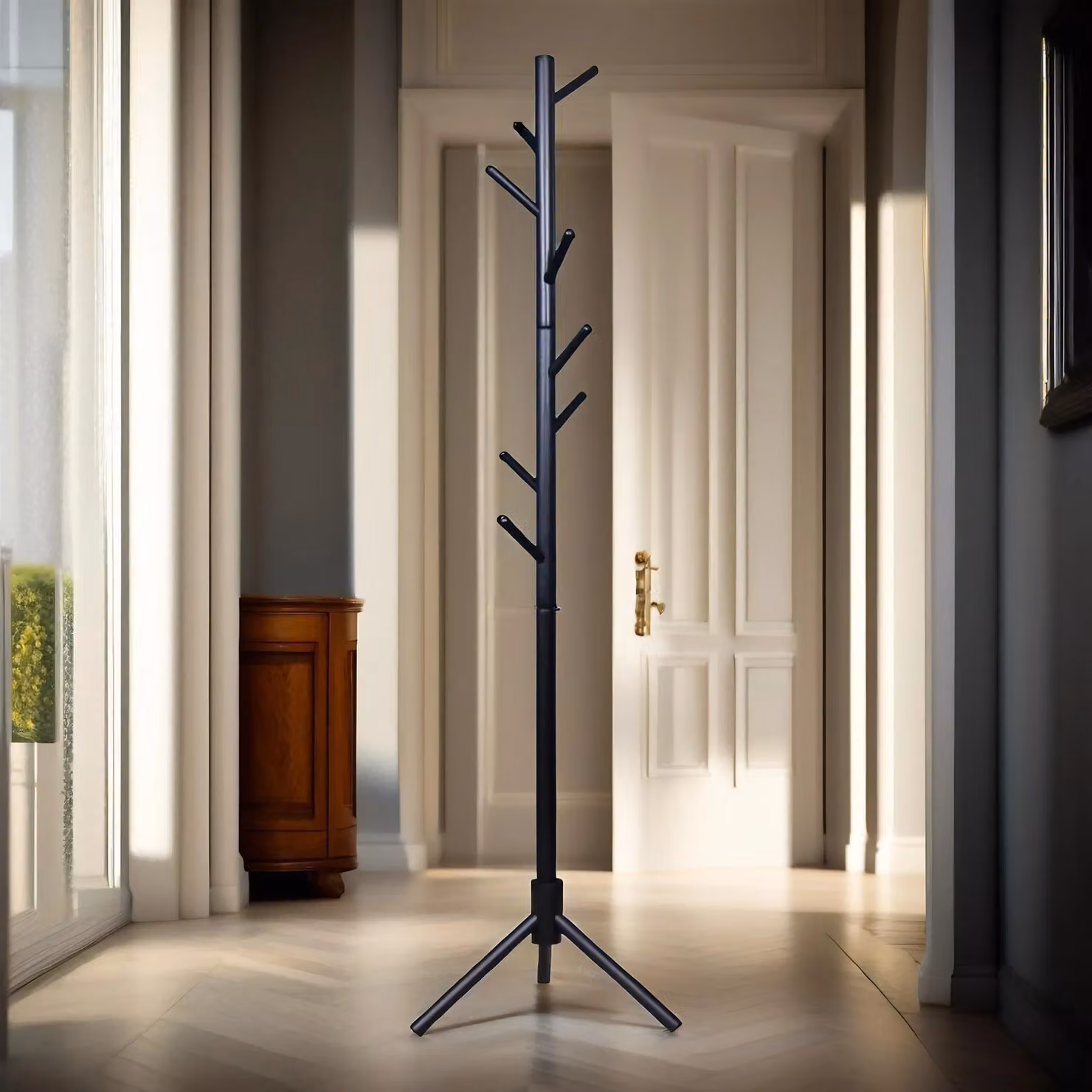 Pirlo Plush Modern Black Wooden Adjustable Coat Stand with 8 Hooks – 2