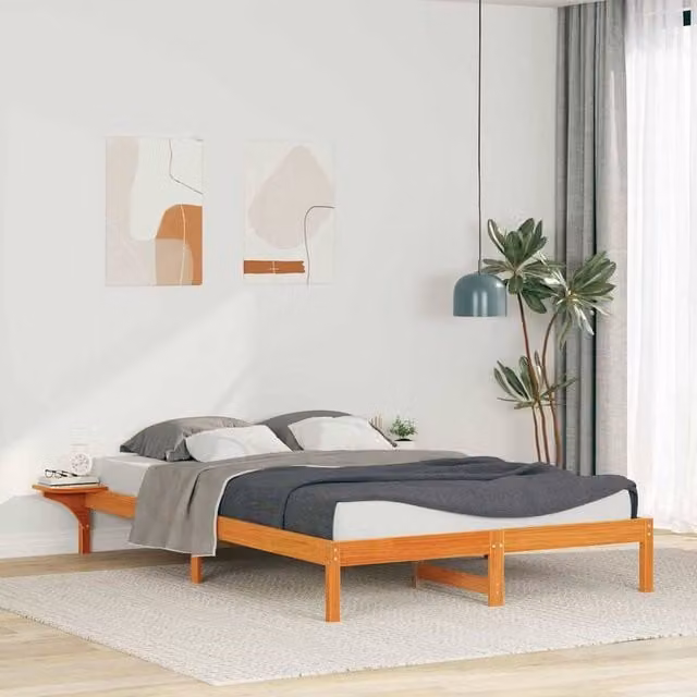 Berkfield Home Modern Solid Pine Bed Frame with Side Compartments in Waxed Brown, W: 160 cm, L: 210 cm