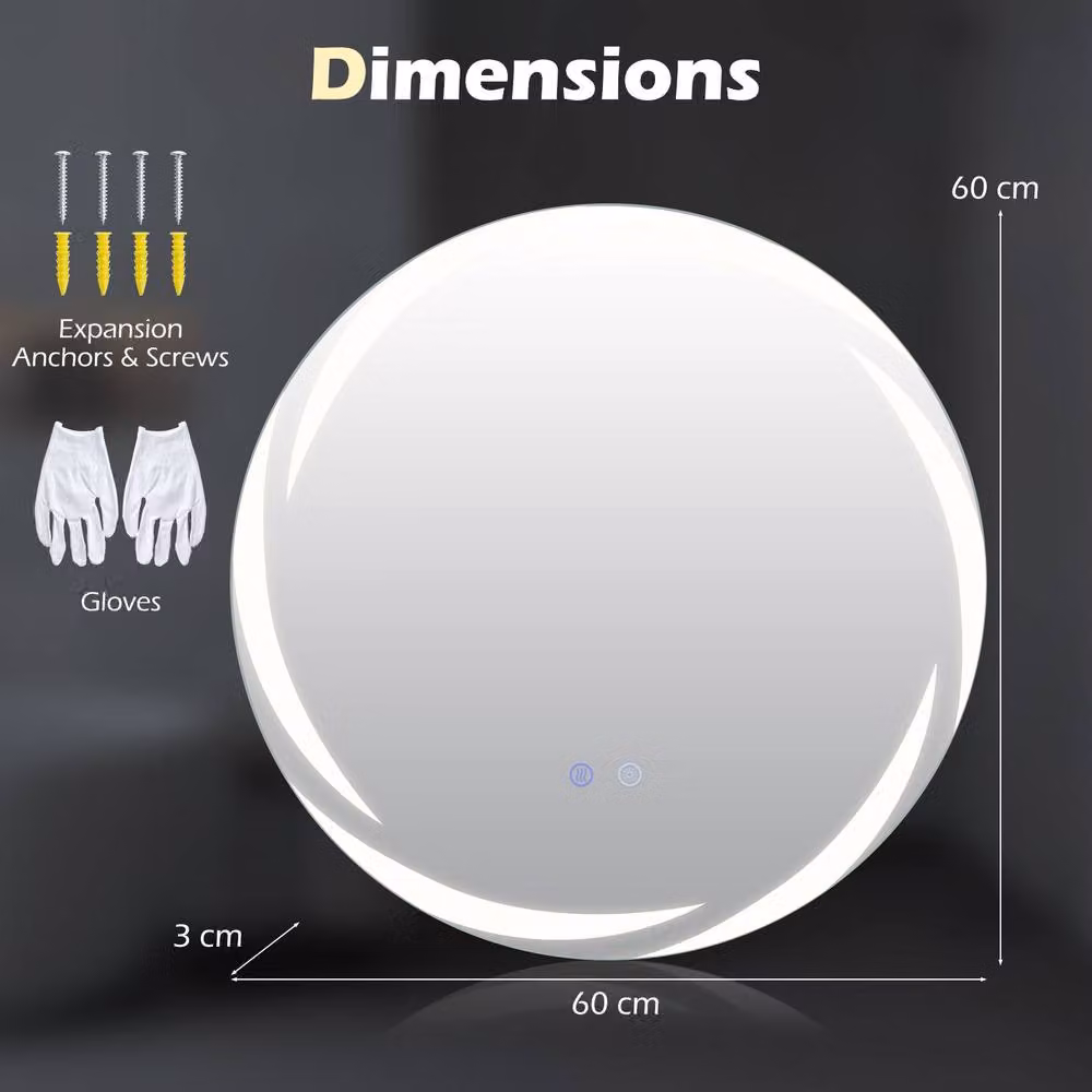 Costway Round LED Bathroom Mirror in White with Dimmable 3-Colour Touch Control – 8