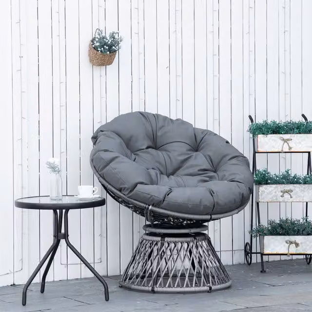 Outsunny 360 Degree Swivel Rattan Papasan Moon Bowl Chair with Padded Cushion in Grey