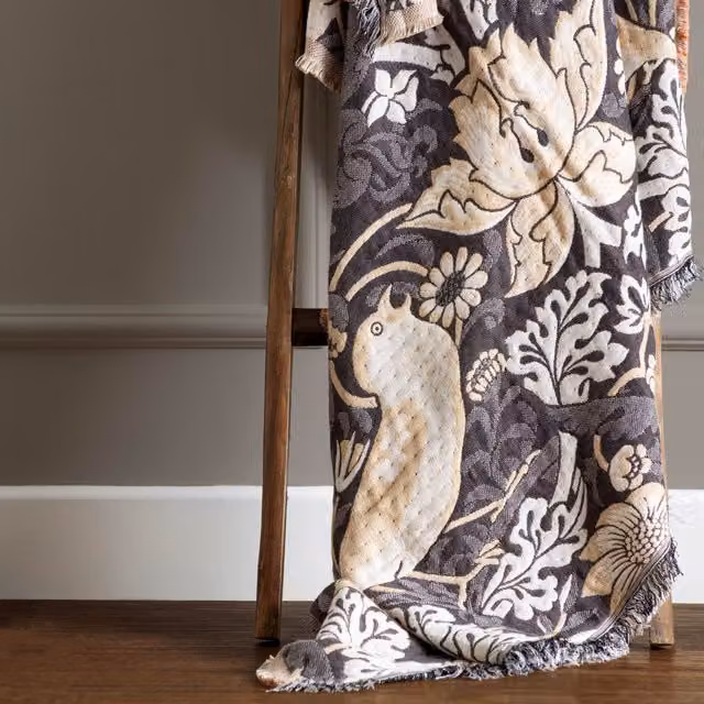 Morris & Co. Strawberry Thief Jacquard Throw with Fringes, Biscuit, W: 130 cm x D: 170 cm
