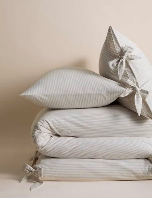 M&S Pure Cotton Striped Tie Bedding Set, Grey Mix, W: 140 cm, L: 200 cm