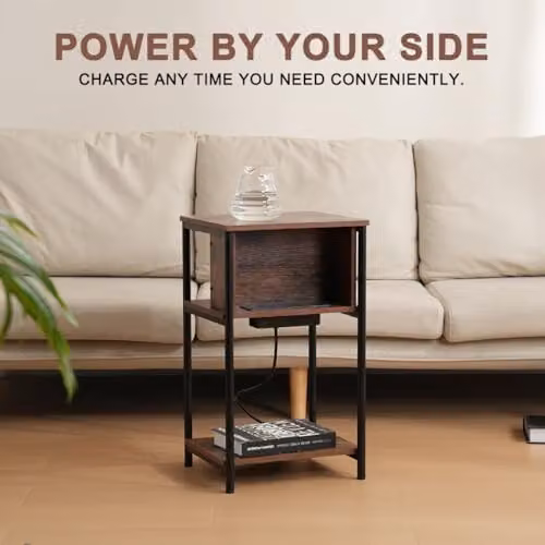 Alivio Slim Side Table with Charging Station and 2 AC Outlets, Brown, W/D/H: 30 x 34 x 58 cm – 4