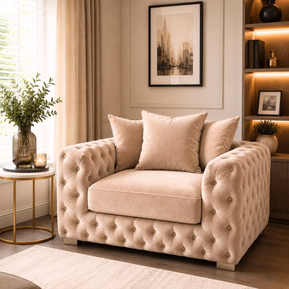Stratus Interiors Ashley Luxe Chesterfield L-Shape Scatter Back Sofa in Beige Velvet – 2