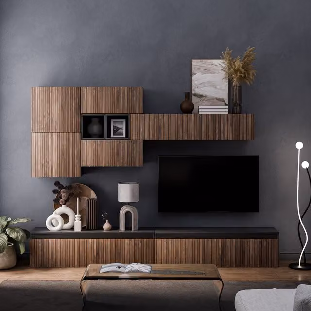 Decorotika Aveiro Modern Wall Mounted Entertainment Center in Black and Wood with Hinged Doors and Open Shelving