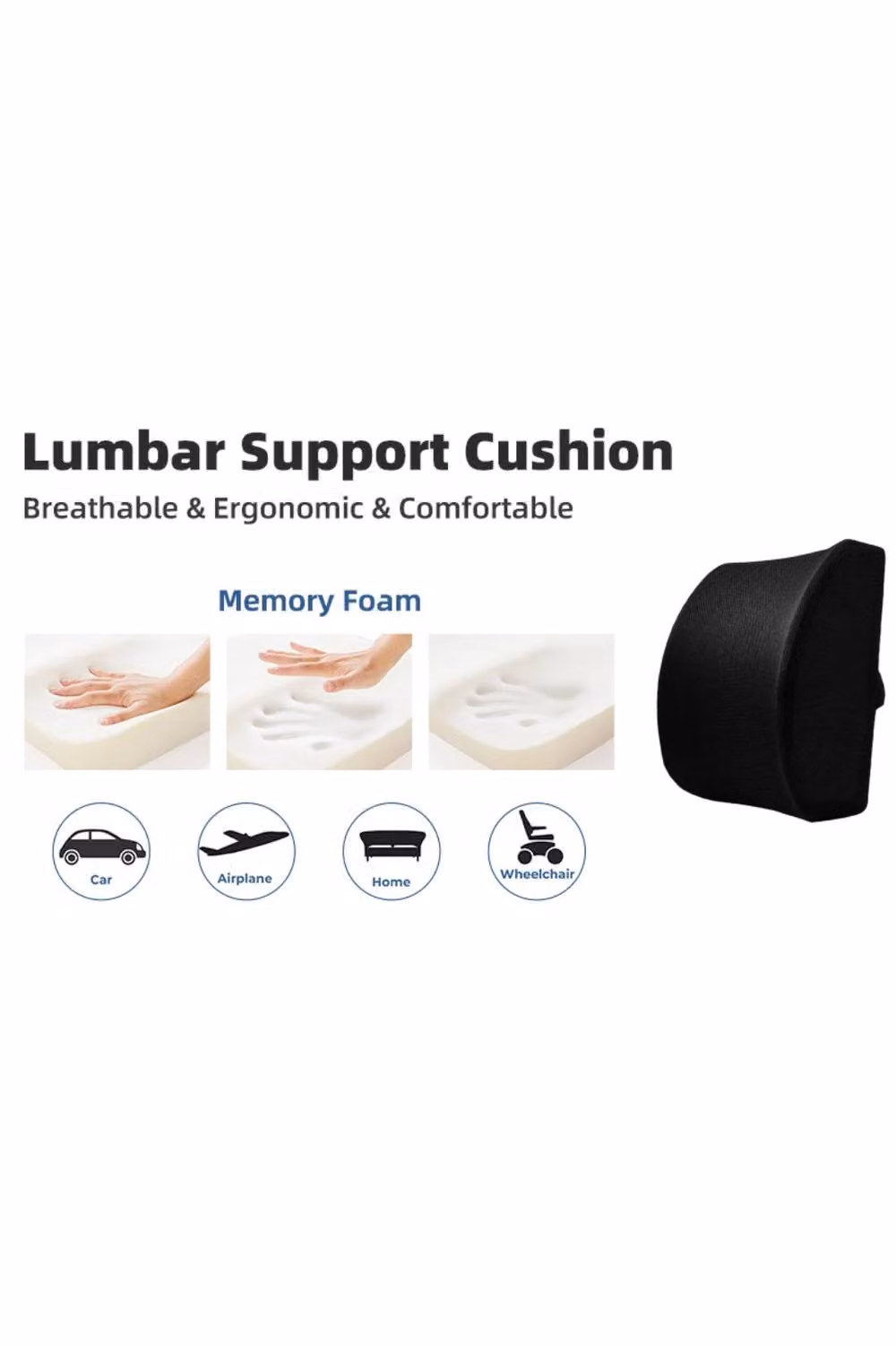 KDMD Black Memory Foam Lumbar Back Support Cushion with Breathable Removable Mesh Cover – 6