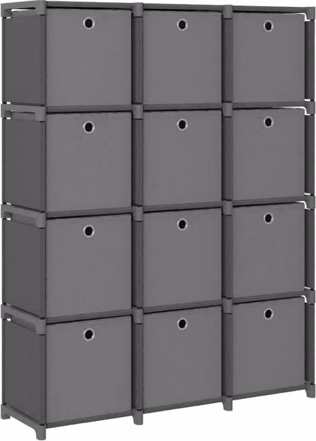 Berkfield Home 12-Cube Display Shelf with Boxes in Grey Fabric and Metal, W/D/H: 103 x 30 x 141 cm