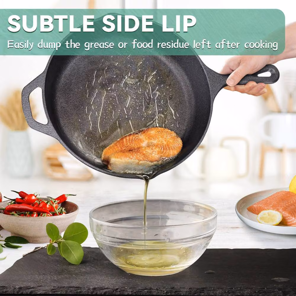 Living and Home Cast Iron Skillet Frying Pan and Griddle with Pouring Spout, Black, 26 cm – 4