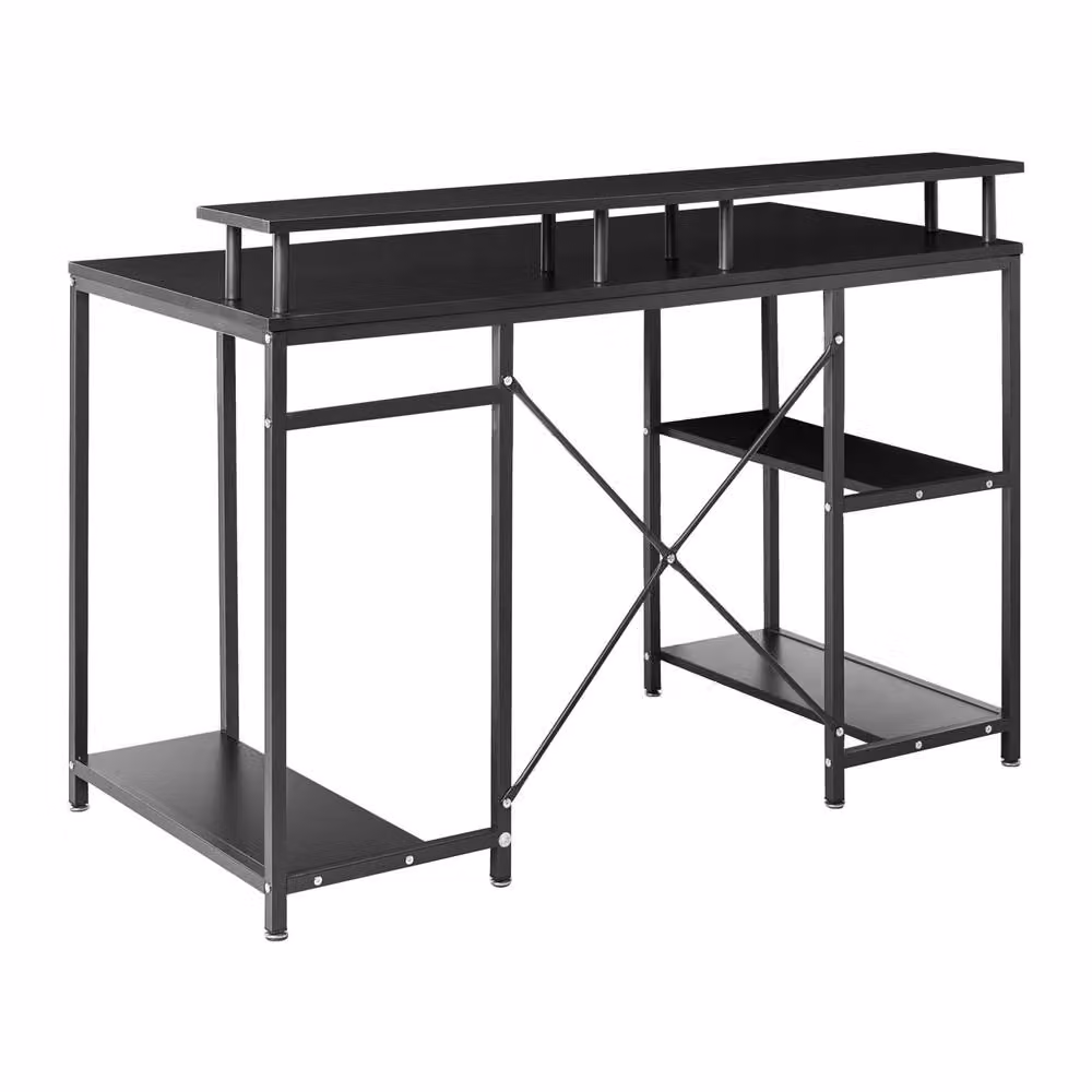 Wyld and Coco Gaming Desk with LED Lighting, Black Wood Top and Iron Frame featuring 3 Side Shelves – 3