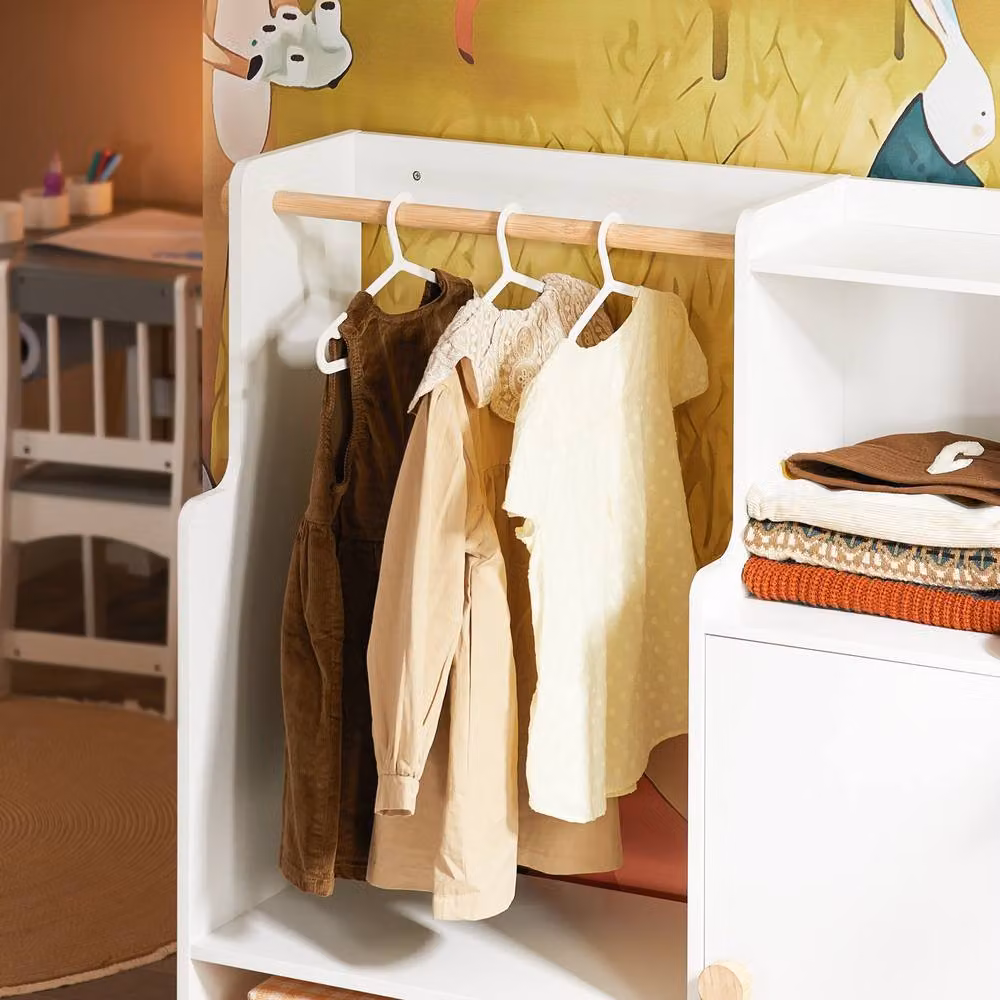 SoBuy Children's Wardrobe in White with Bamboo Hanging Rod and Internal Shelves – 3