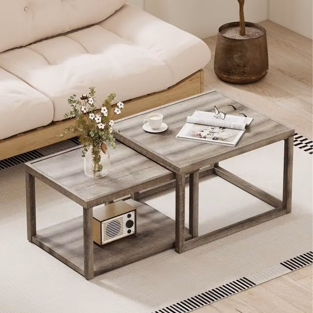 COSTWAY Grey Rustic Rubberwood Nesting Coffee Table Set