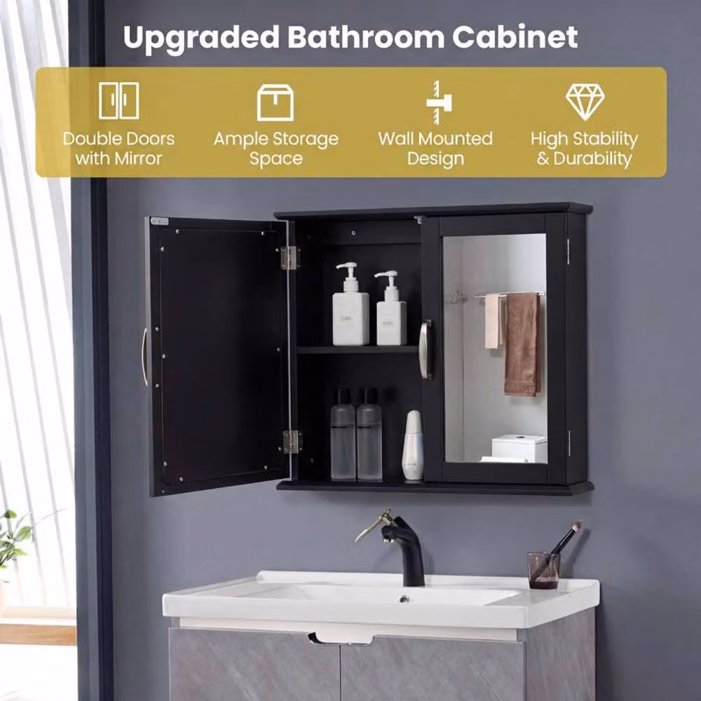 Gymax Modern Black Wall-Mounted Medicine Cabinet with Mirrored Double Hinged Doors – 5